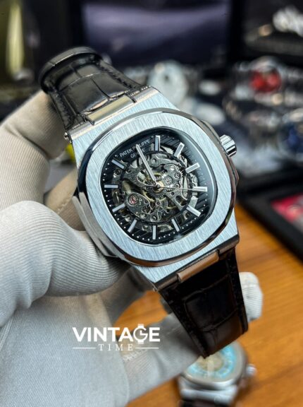 Patek Philippe Nautilus skeletonized version Black Dial with black Leather Belt