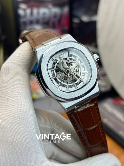 Patek Philippe Nautilus skeletonized version white Dial with Brown Leather Belt