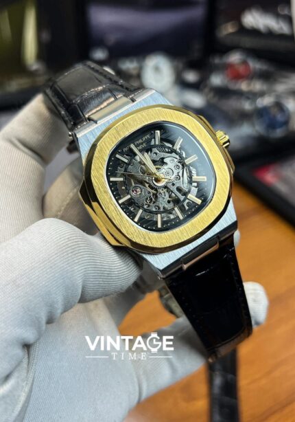 Patek Philippe Nautilus skeletonized version Black Dial & Golden Bezel with Black Leather Belt