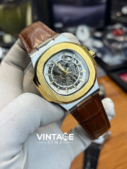 Patek Philippe Nautilus skeletonized version White Dial & Golden Bezel with Brown Leather Belt